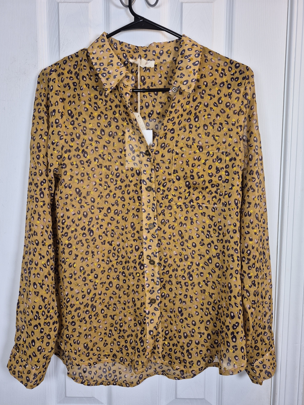 Mystree NWT Metallic Leopard Print Sheer Blouse Small Boho Animal Print Top